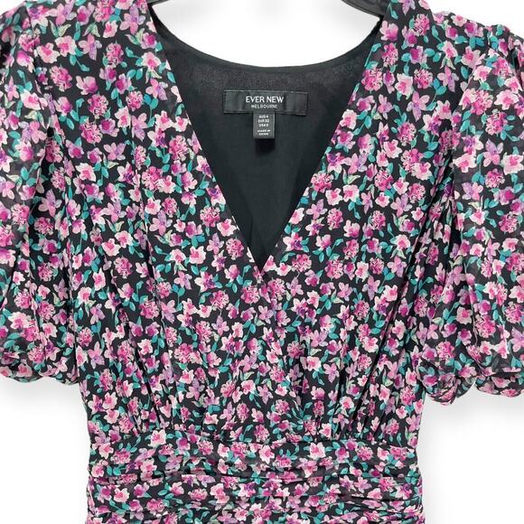 Ever New Melbourne Eleanor Ruched Floral Asymmetric Mini Dress Purple Women's 0 - Picture 4 of 7